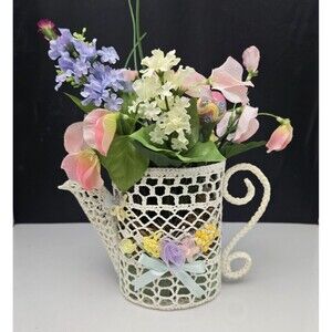 Handmade Starched Crochet Watering Can Planter with Flowers White 5.5" Vintage